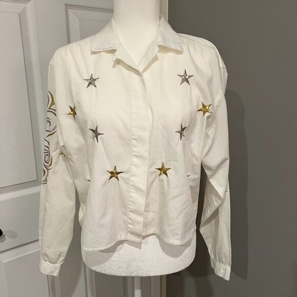 Vintage Gold Silver Embroidered Star Button Collared Blouse Size 6 - Picture 1 of 5